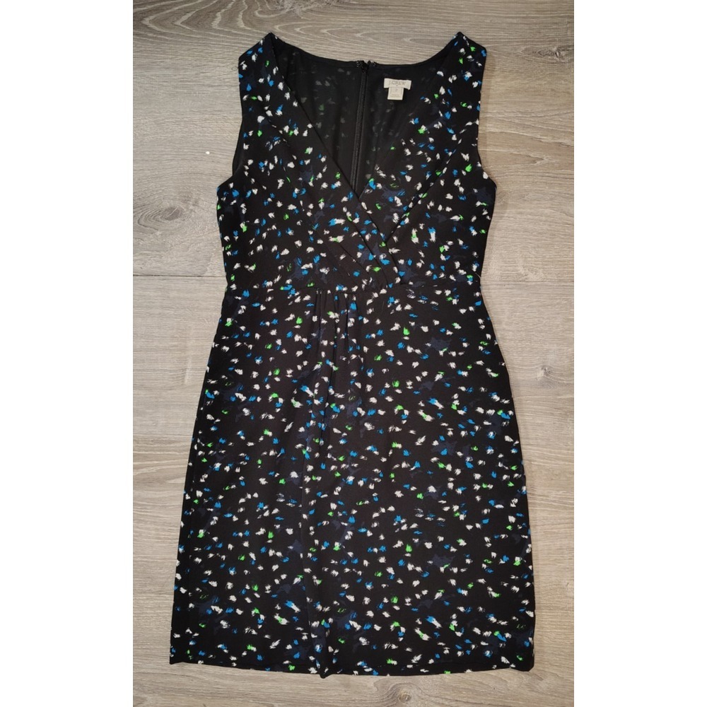 J.Crew Painted Dots V-Neck Sleeveless Dress 2 Black Blue Green Printed C3871